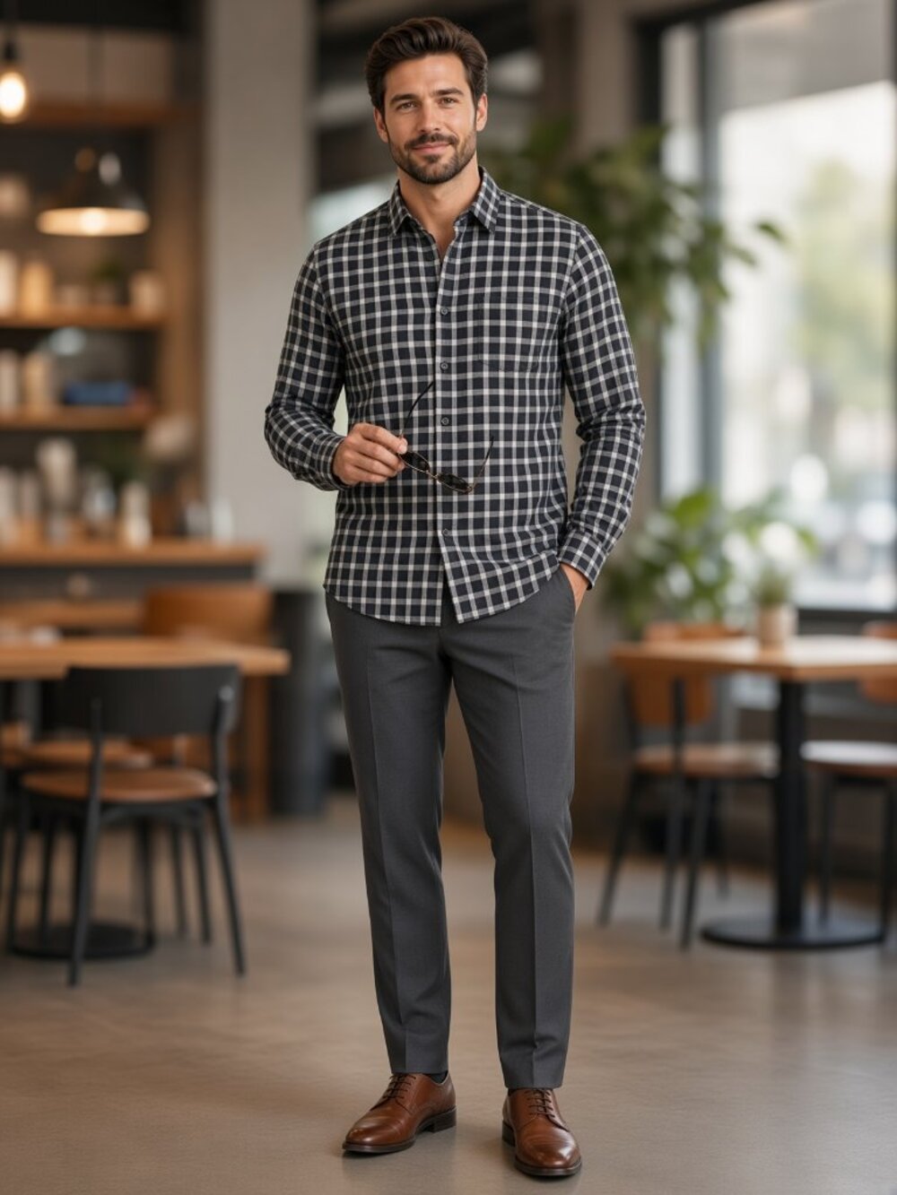 The Men's Store Men Grey White Plaid Classic Casual Long-Sleeve Button-Down US M